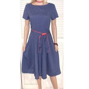 Blue Enchantress 50s style Polka Dot Blue, White and Red Midi Dress with belt L